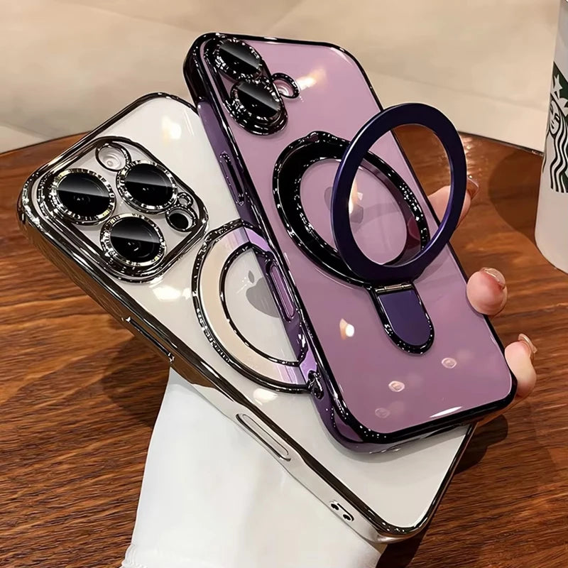 Luxury Transparent Plating Case For iPhone 16 Pro Max 16 Plus 14 13 12 11 15 Pro Max For Magsafe Magnetic Ring Stand Phone Cover