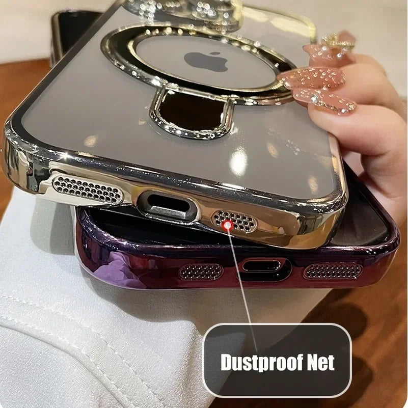 Luxury Transparent Plating Case For iPhone 16 Pro Max 16 Plus 14 13 12 11 15 Pro Max For Magsafe Magnetic Ring Stand Phone Cover