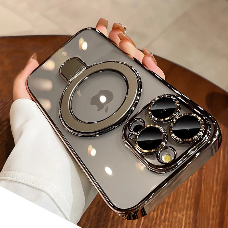 Luxury Transparent Plating Case For iPhone 16 Pro Max 16 Plus 14 13 12 11 15 Pro Max For Magsafe Magnetic Ring Stand Phone Cover