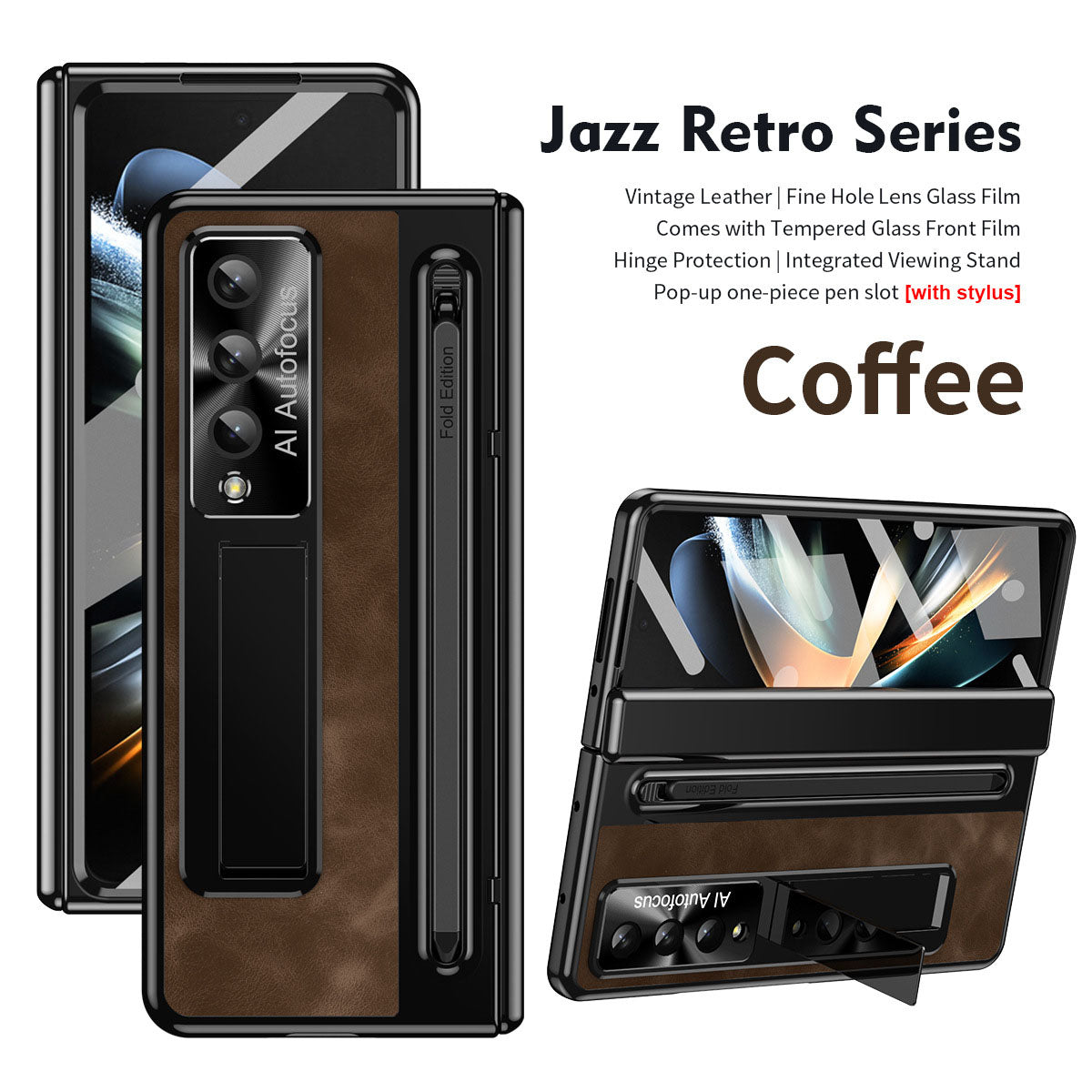 Jazz Retro Style Anyi-fall Protective Leather Phone Case For Galaxy Fold 7/6/5/4 With Front Protection Film And Stylus