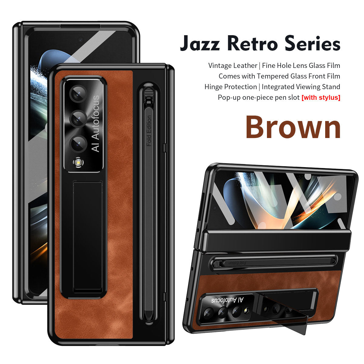Jazz Retro Style Anyi-fall Protective Leather Phone Case For Galaxy Fold 7/6/5/4 With Front Protection Film And Stylus